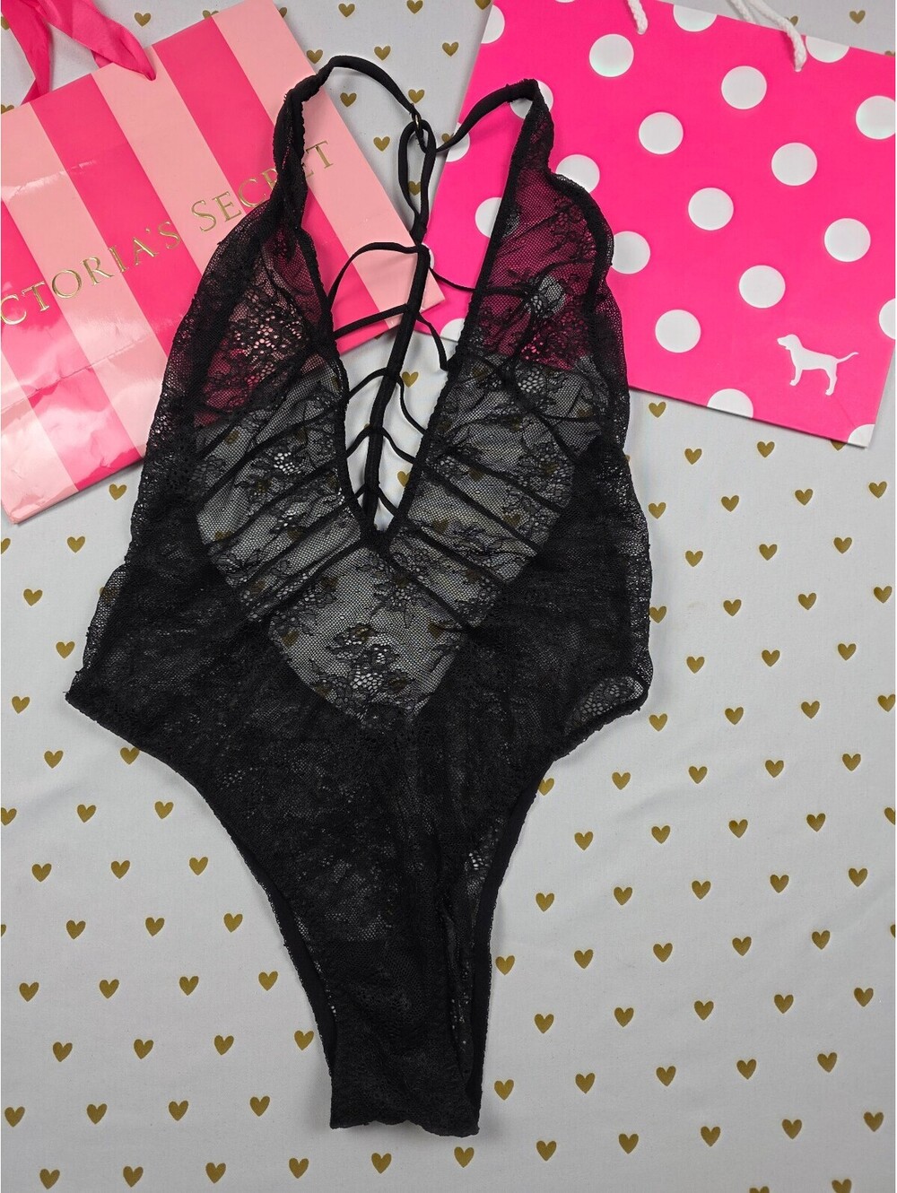 Victoria's Secret Black Floral Lace Teddy Bodysuit S Strappy Open Back Sheer